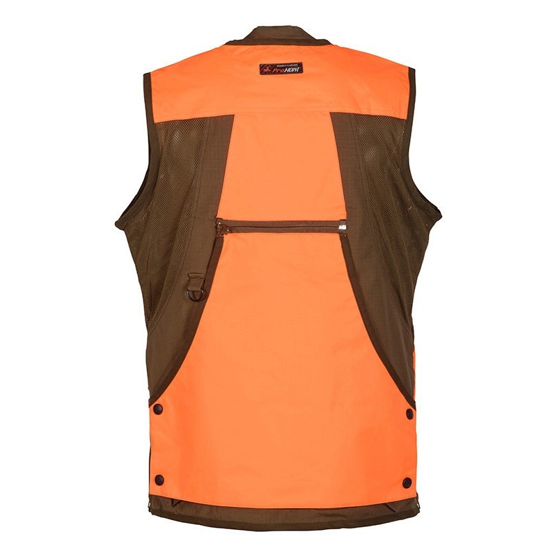 Gilet de chasse Camouflage Noir et Orange Hélios avec grand canier dos Club Interchasse