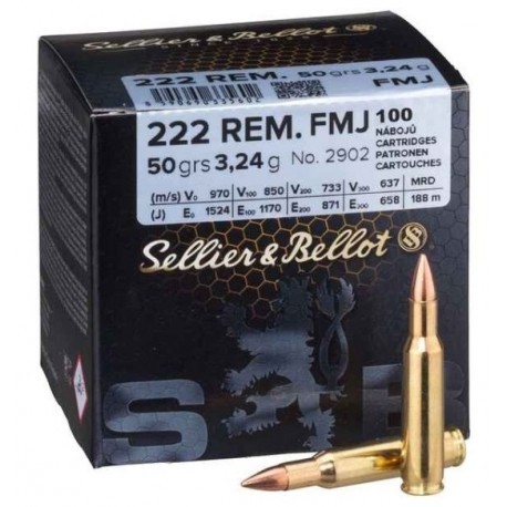 Cartouche Sellier & Bellot / cal. 222 Rem. -  FMJ Blindée 3,2 g / 50 gr