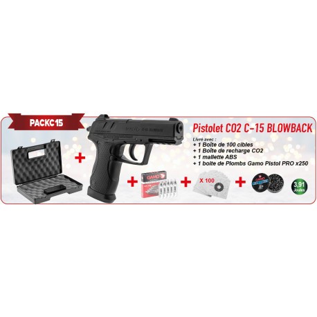 Pack Noël Gamo Pistolet CO² C-15 Blowback - Cal. 4,5 mm